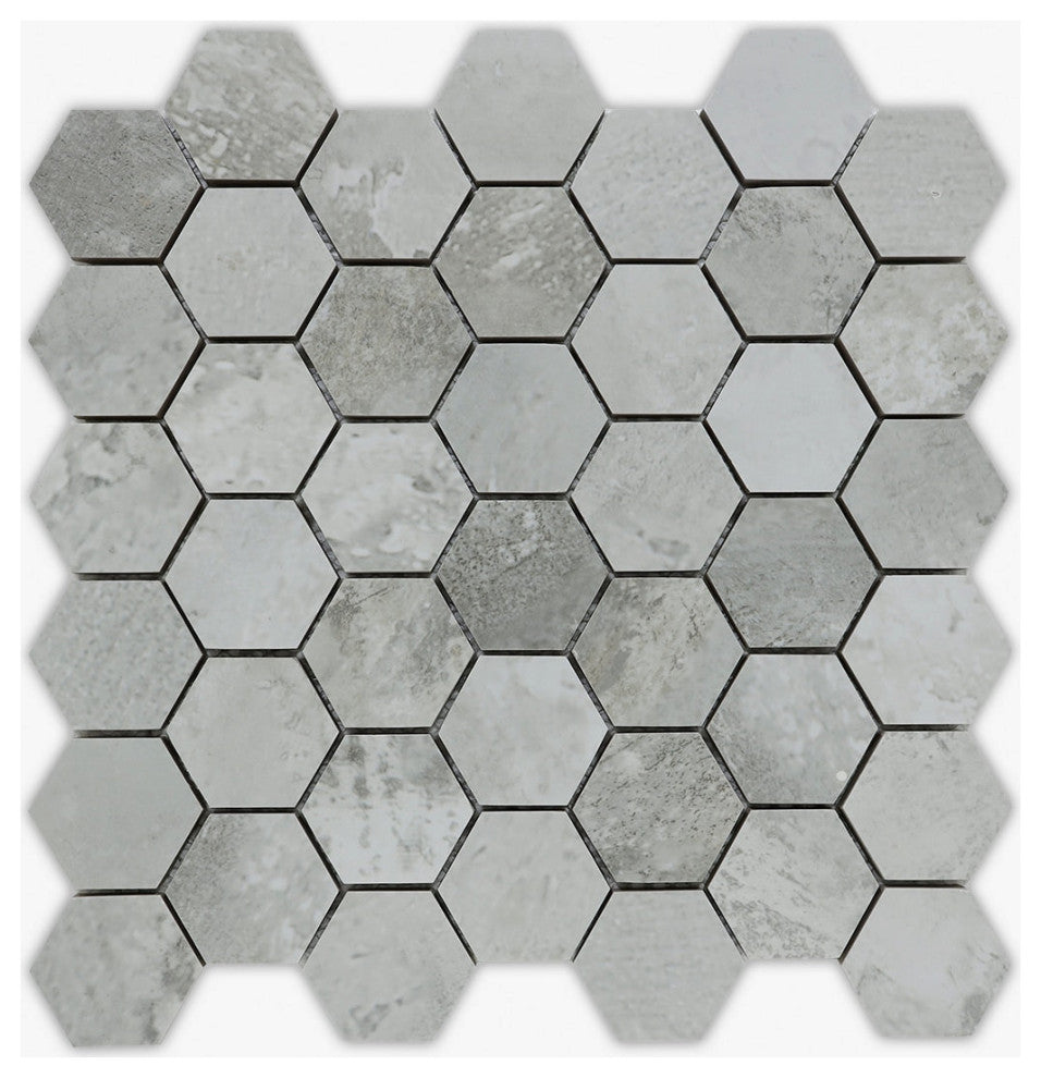 Silver Diamond Glossy 2" Hexagon Porcelain Mosaic