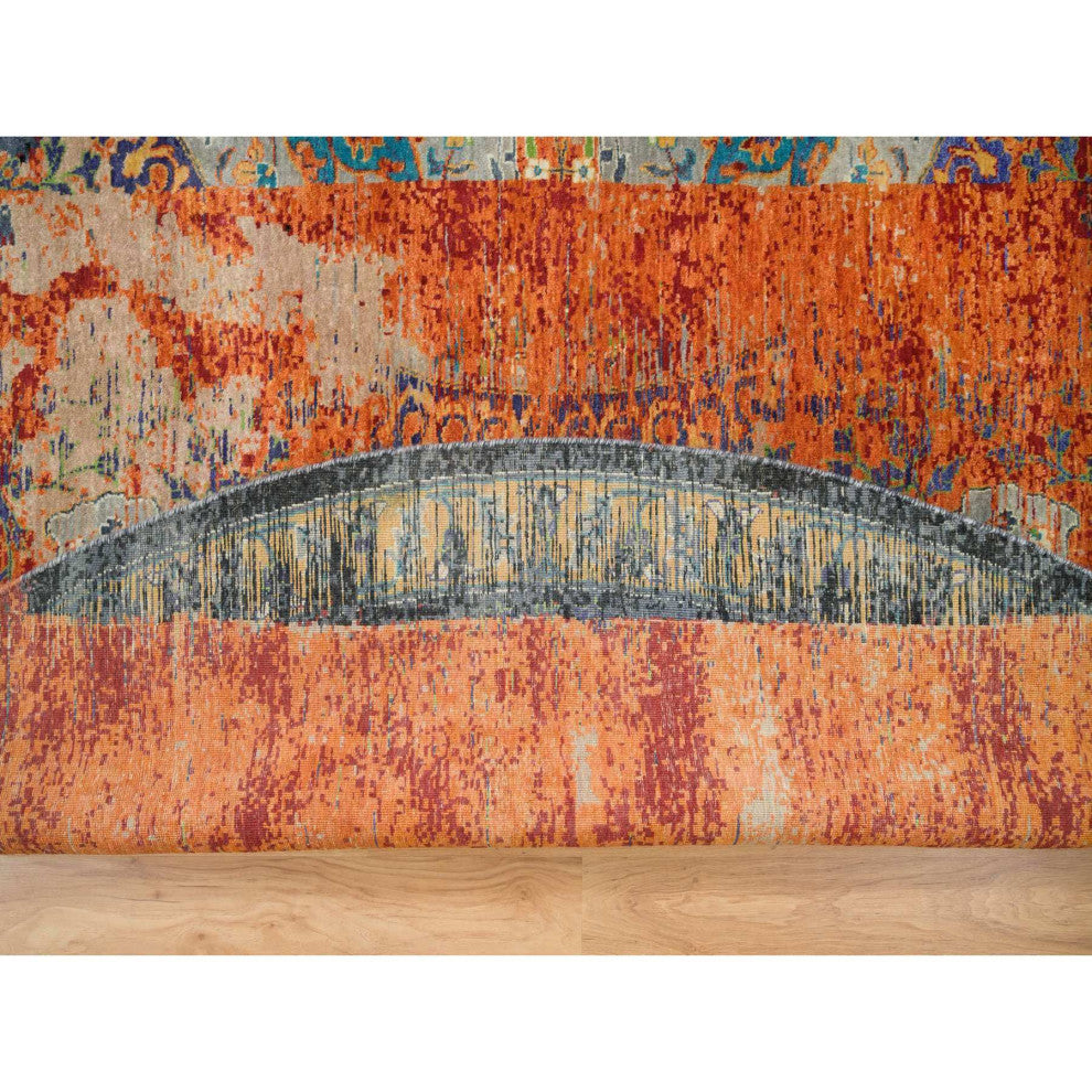 Orange Hand Knotted Ancient Ottoman Erased Design Wool Round Rug 14'x14'