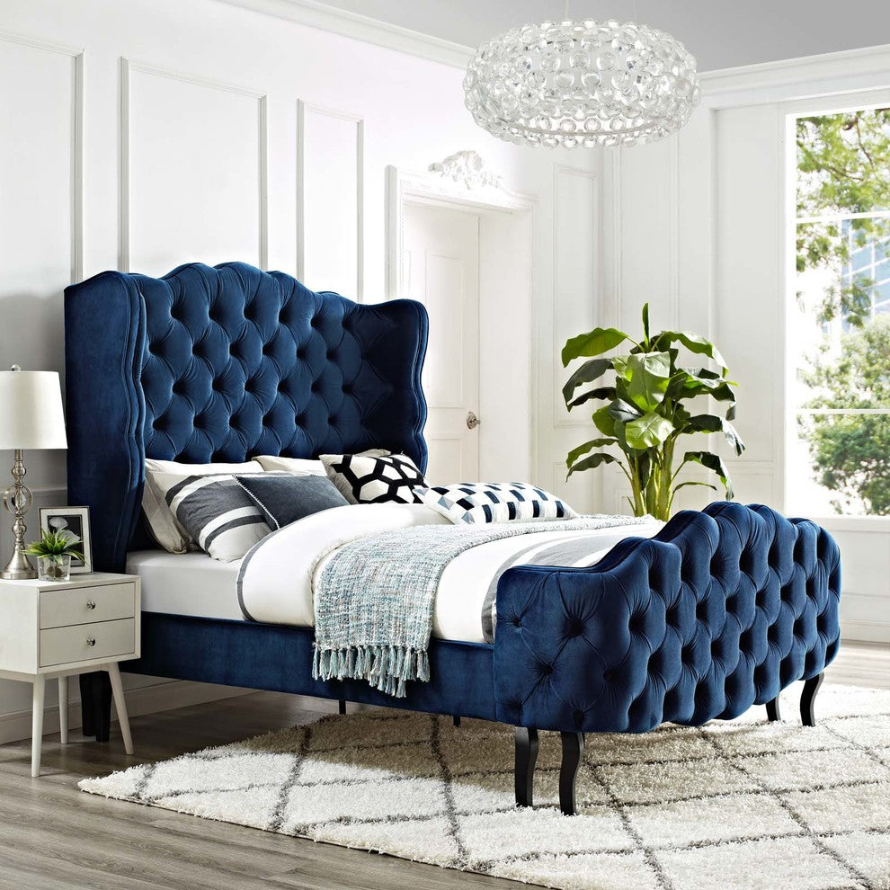 Violette Queen Tufted Wingback Performance Velvet Platform Bed, Navy
