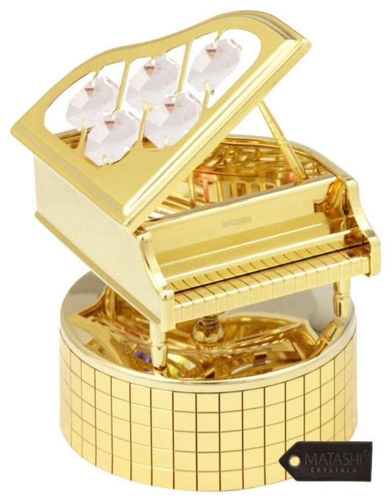 24K Gold Plated Wind Up Music Box With Crystal Studded Grand Piano Figurine