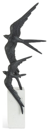 20" Black Swallows, Flight Decor on White Marble look Resin Base