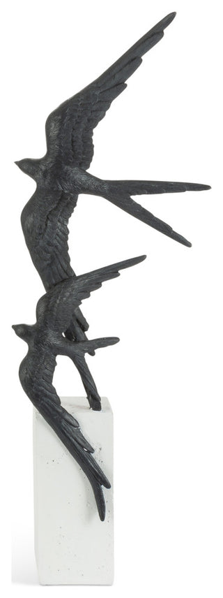 20" Black Swallows, Flight Decor on White Marble look Resin Base