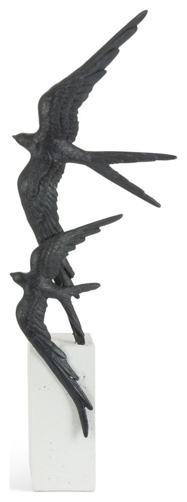 20" Black Swallows, Flight Decor on White Marble look Resin Base