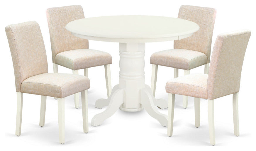 5Pc Rounded 42" Dining Table, Four Parson Chair, White Leg, Fabric Light Beige