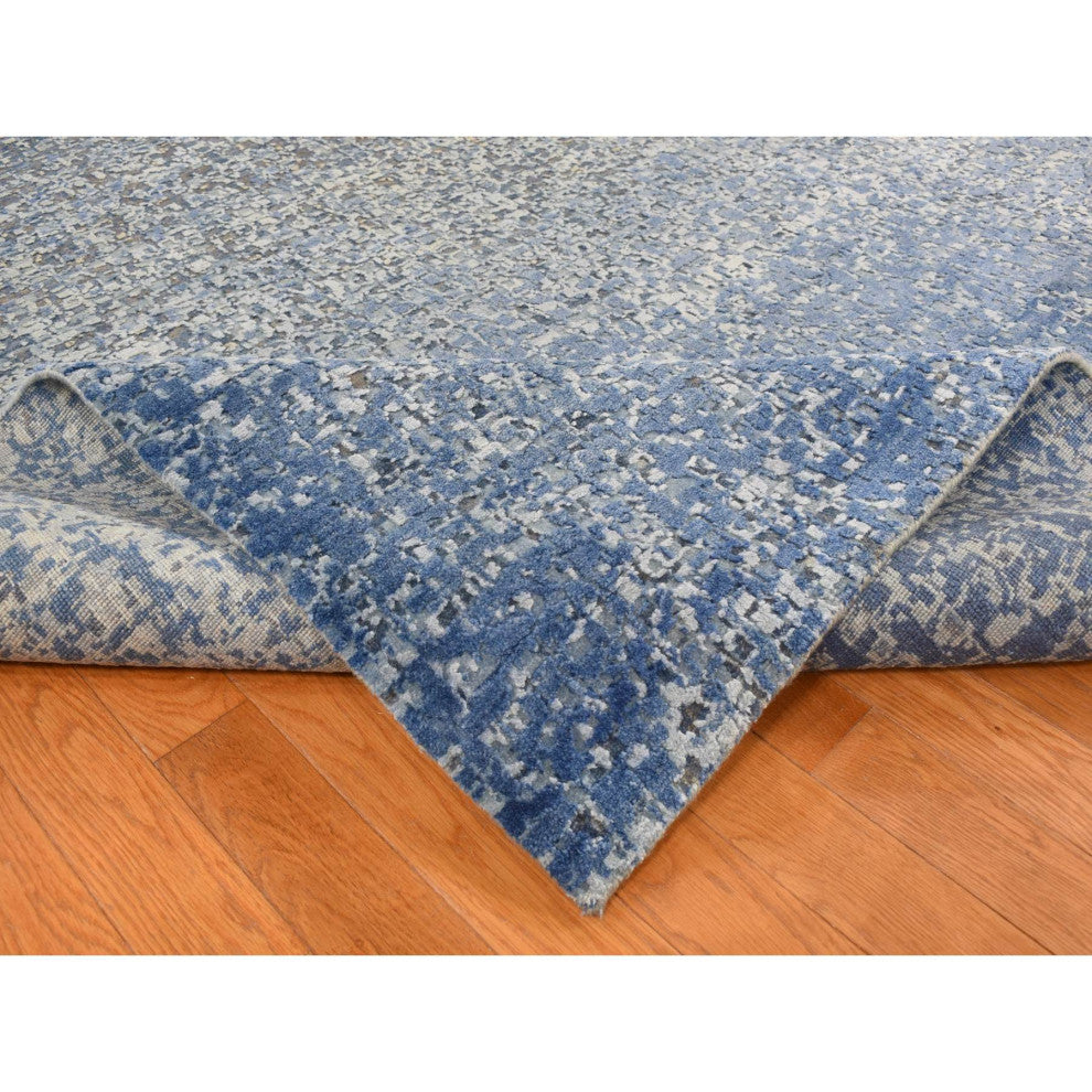 Yale Blue Wool and Silk Modern Gradation Design Hand Knotted Rug 10'x14'