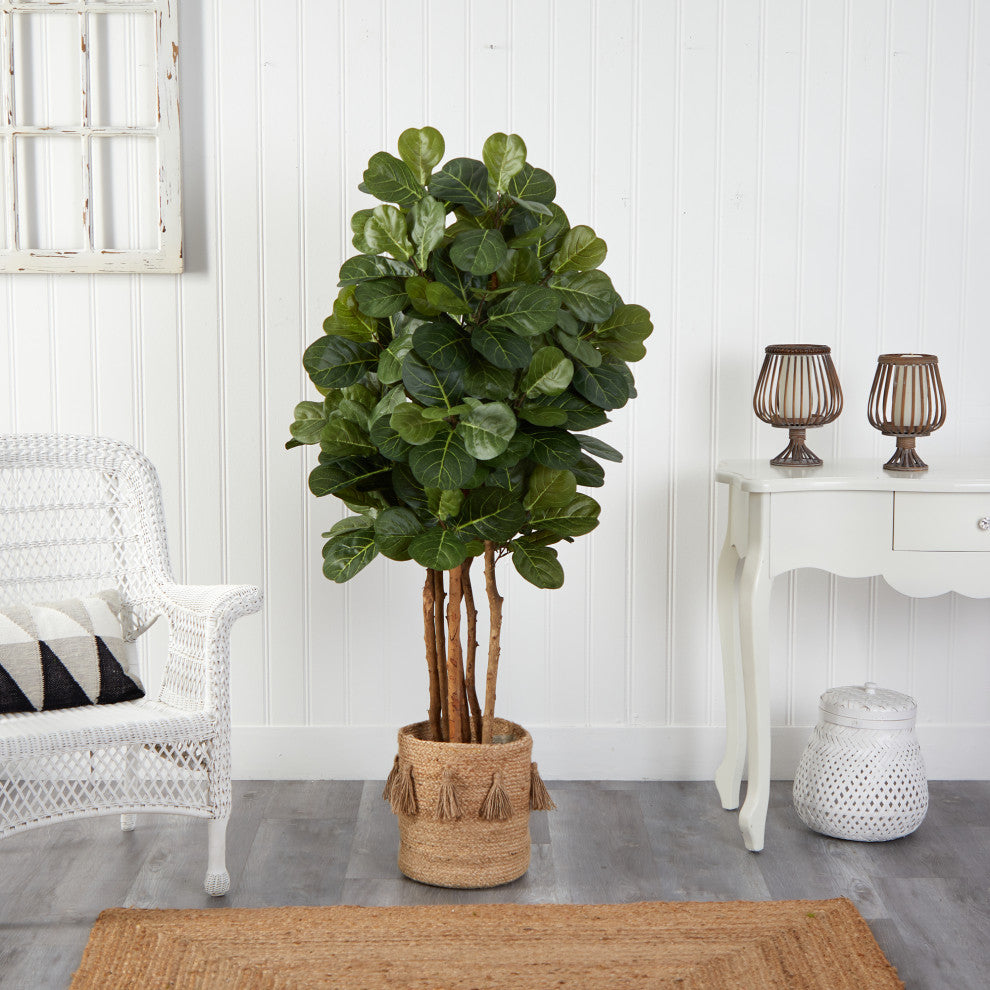 5' Fiddle Leaf Fig Artificial Tree, Handmade Natural Jute Planter With Tassels