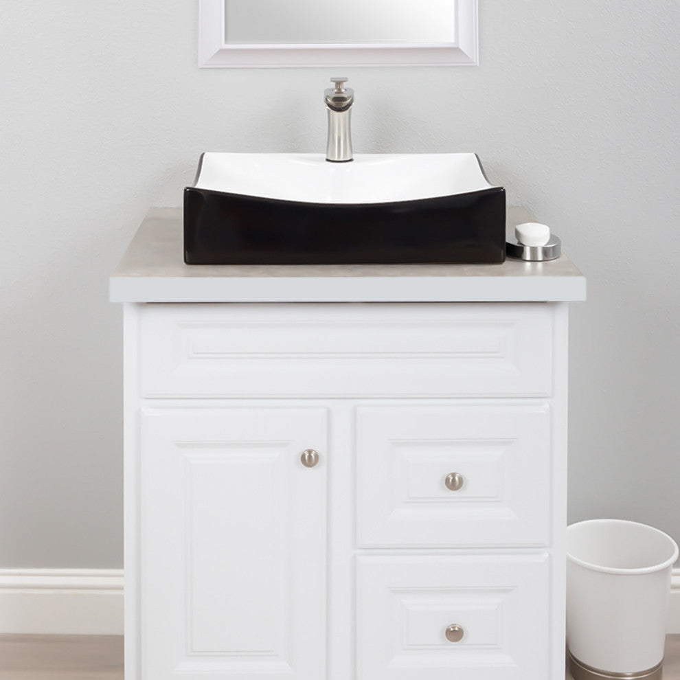 Rectangular Black/White Porcelain Vessel Sink and Faucet Set, Brushed Nickel