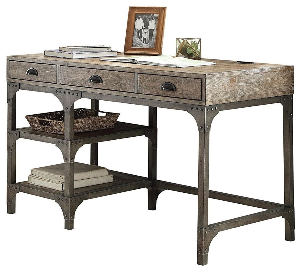 47"x24"x29" Weathered Oak and Antique Silver Desk