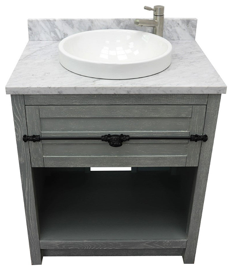 30" Single Vanity, Gray Ash, White Carrara Top, Round Sink