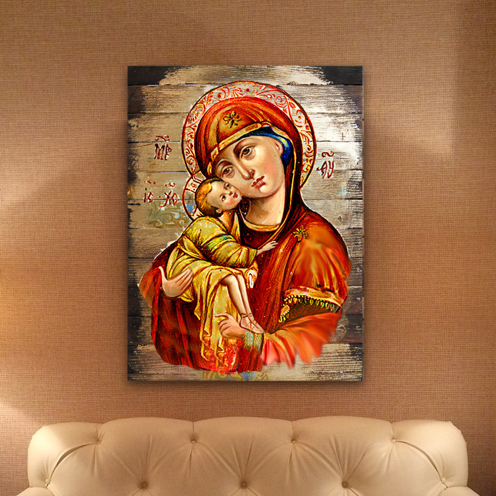 Icon Vladimir Virgin Mary Wall Art On Wood, 16 Inch