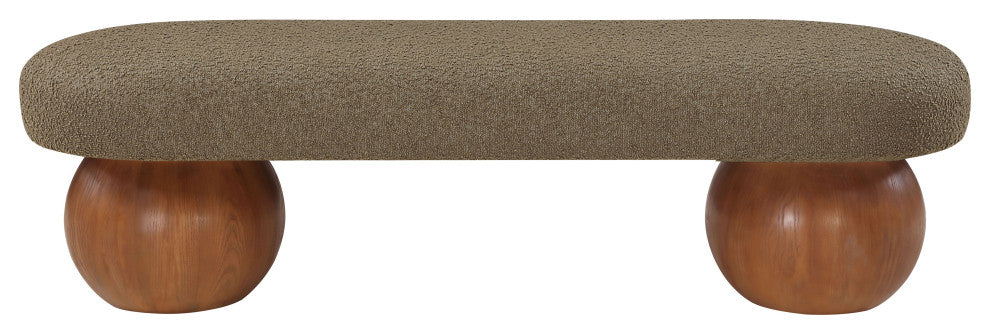 Meridian Furniture Bowie Boucle Fabric Upholstered Bench, Olive, Brown Finish