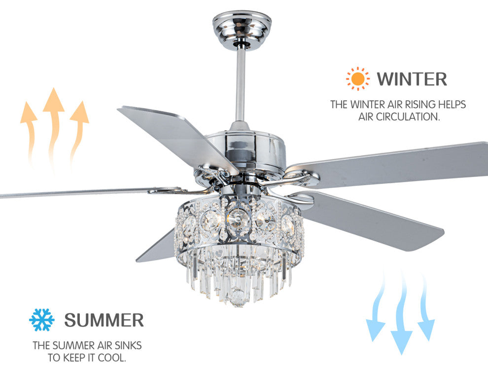 52" Modern Silver Crystal Ceiling Fan 6-speed with Dimmable Light and Remote, Chrome, 52"