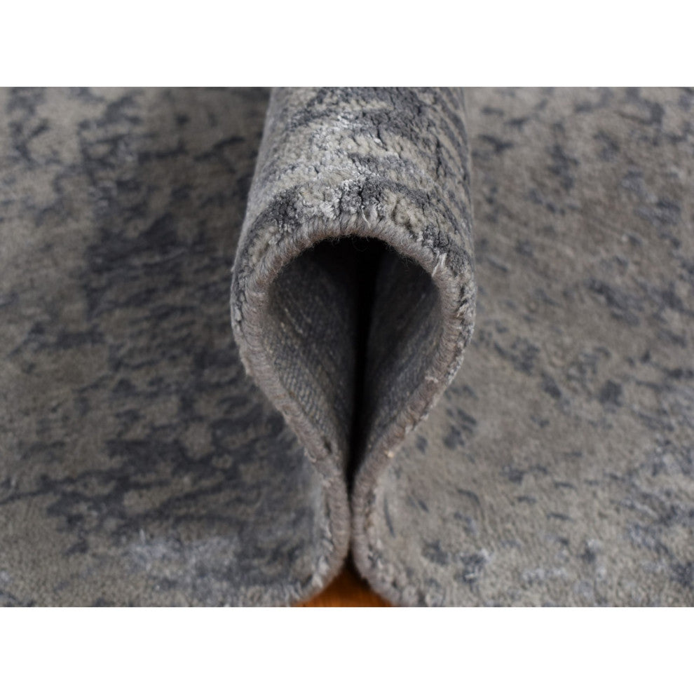 Ash Gray Muted Tone on Tone Wool and Silk Hand Loomed Oriental Rug 6'x9'