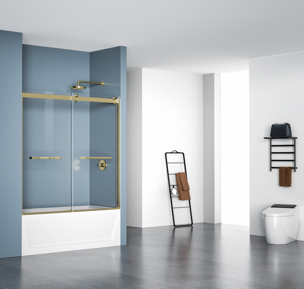 Home Living 60X60 Frameless Double Sliding Tub Door, Brushed Gold
