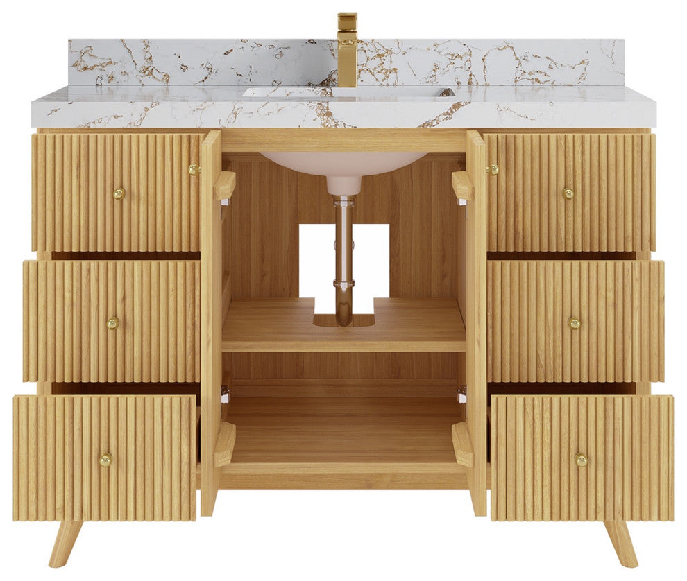 Pasadena 48 Single Sink Bath Vanity in Light Natural Teak 2" Viola Gold