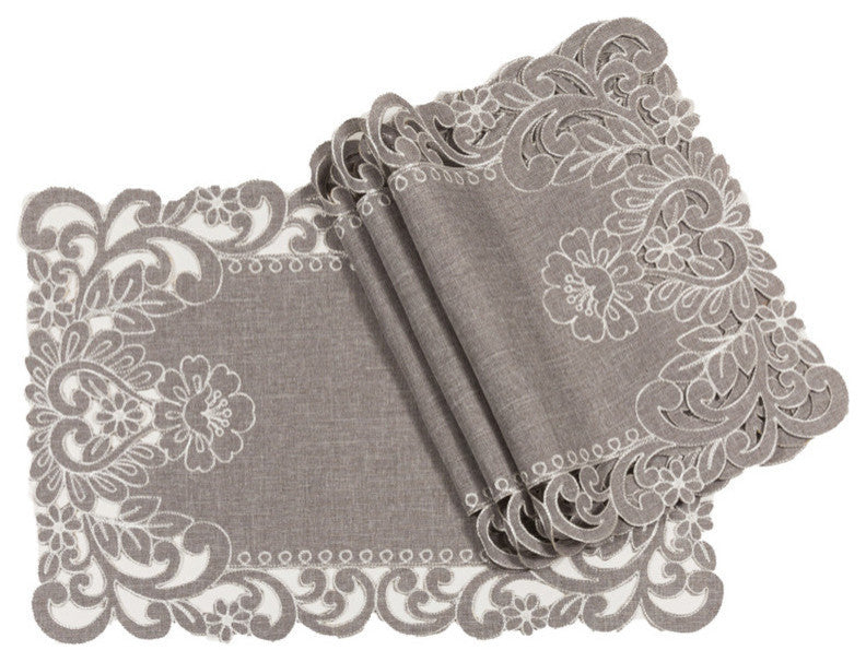 Claire Floral Embroidered Cutwork Placemats, Gray, 14"x 20", Set of 4