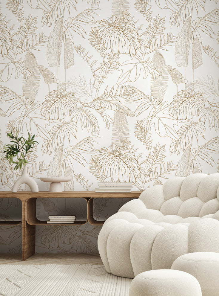 Hand Drawn Jungle Leaves Vinyl Peel and Stick Mural, Gold, 24"x96", Single