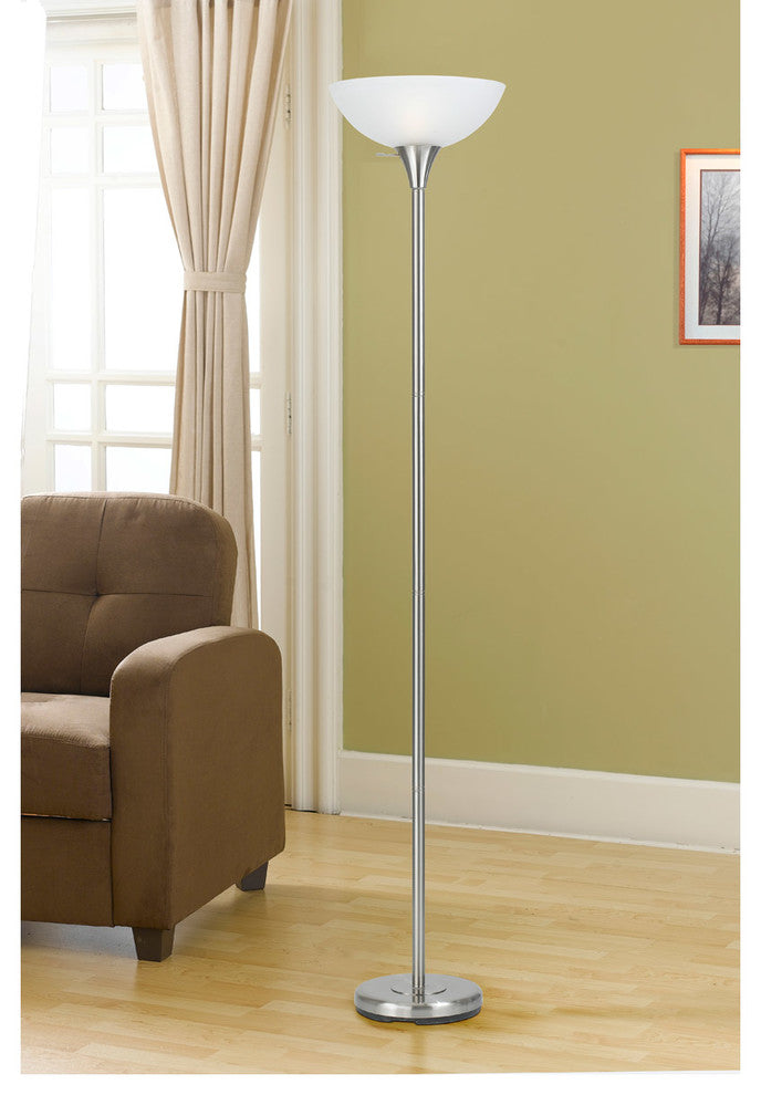 150W 3 Way Metal TR Lamp with Glass Shade, Brushed Steel Finish, White