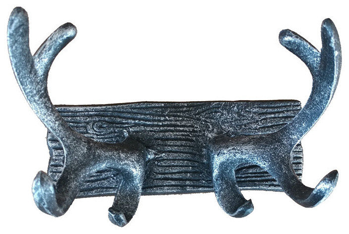 Rustic Silver Cast Iron Antler Double Hook 8"