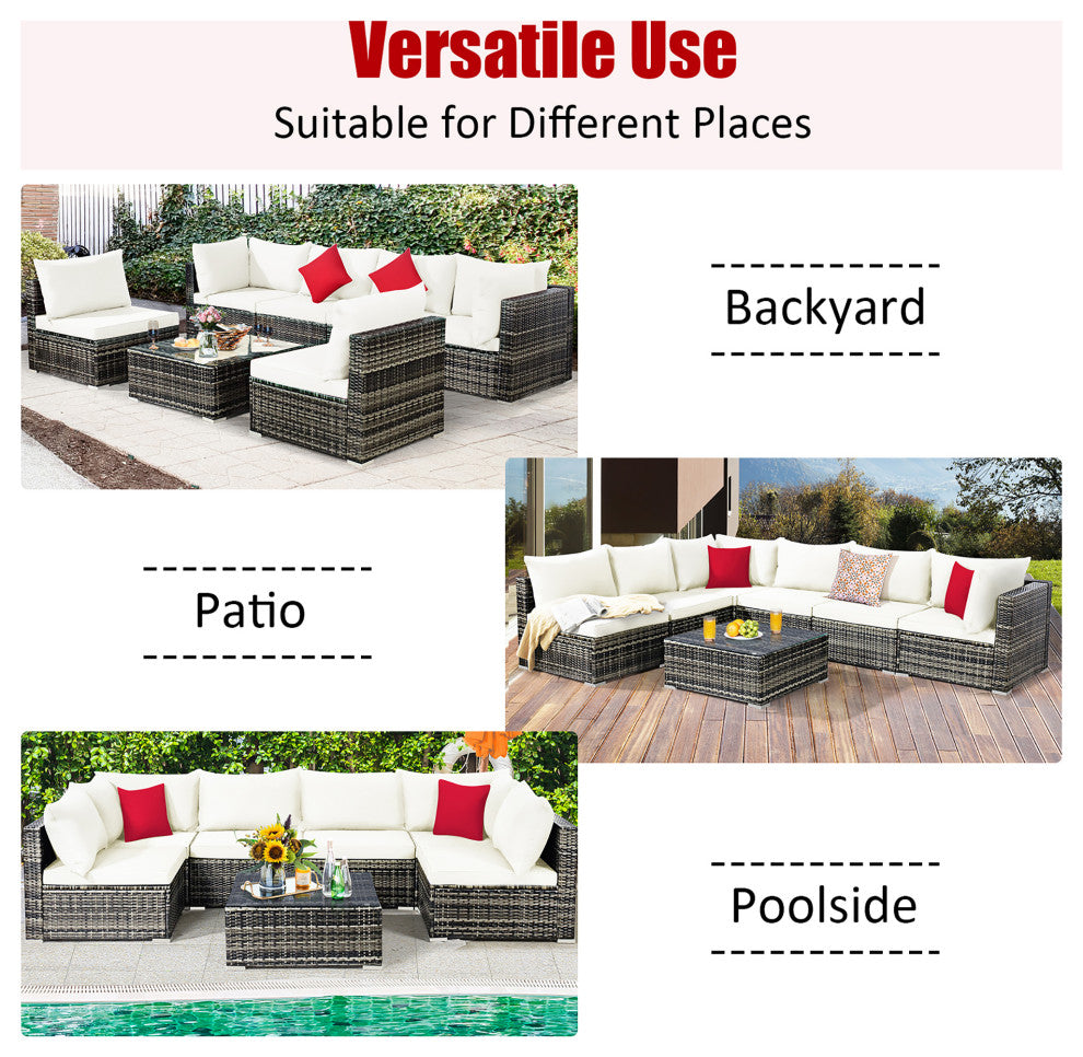 Costway 7PCS Patio Rattan Furniture Set Sectional Sofa Garden White Cushion