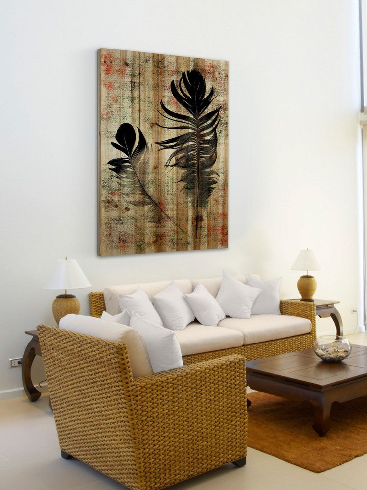 "Beautiful Black Feathers" Print on Natural Pine Wood, 24"x36"