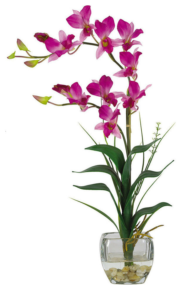 Dendrobium With Glass Vase Silk Flower Arrangement, Purple