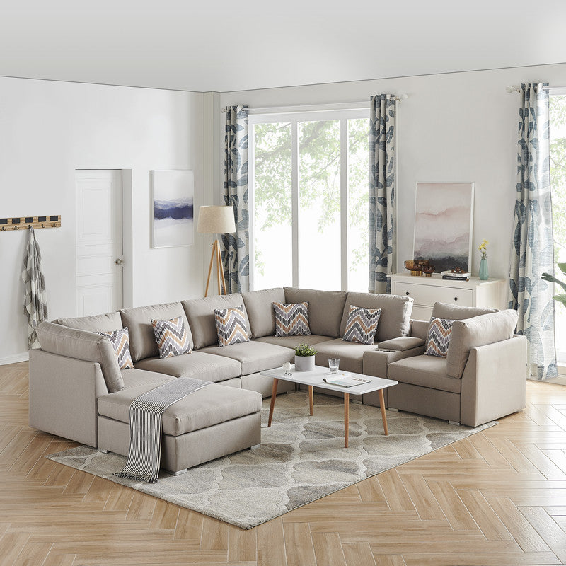 Amira Beige Linen Fabric Reversible Sectional Sofa with USB Storage Console