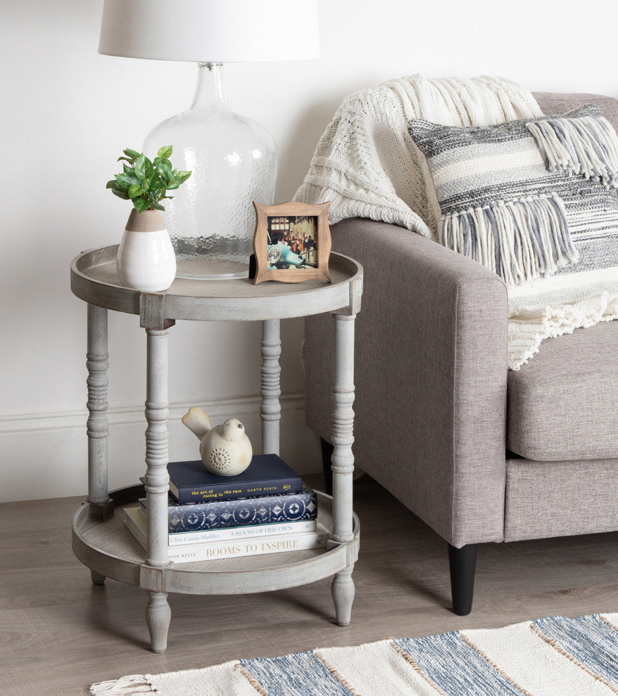 Bellport Round Wood Side Table with Shelf, Gray 20x20x24