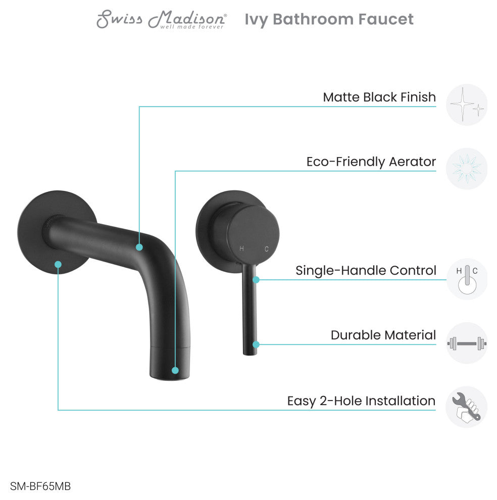 Ivy Single-Handle, Wall-Mount, Bathroom Faucet, Matte Black