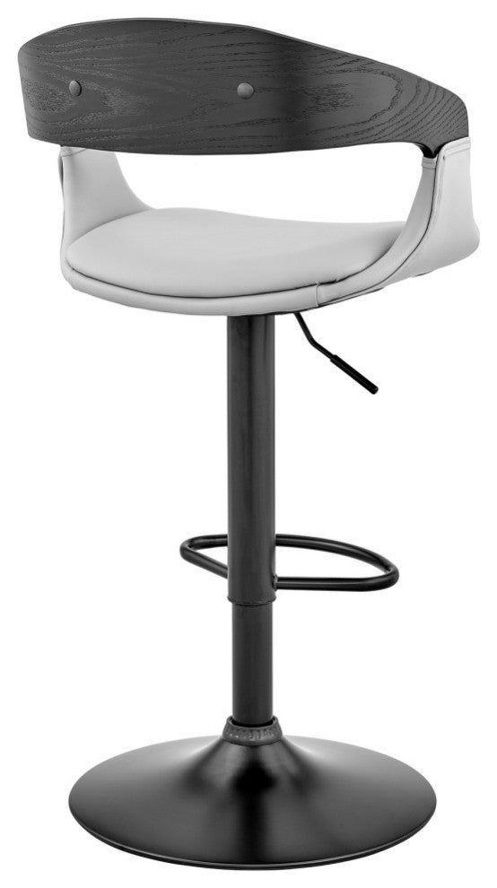 Benson Adjustable Faux Leather and Wood Bar Stool With Metal Base, Gray and Blac