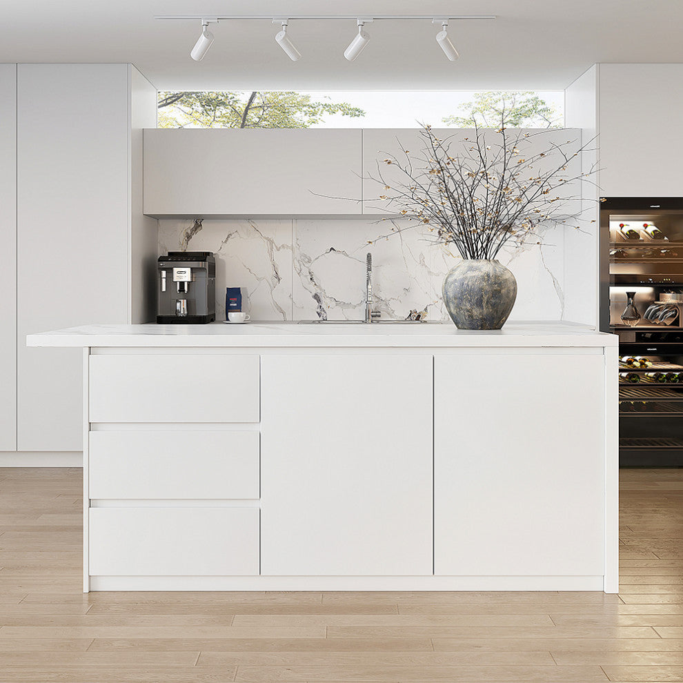 72" Large Kitchen Island with Storage Kitchen Cabinet Marble Veneered Top, White