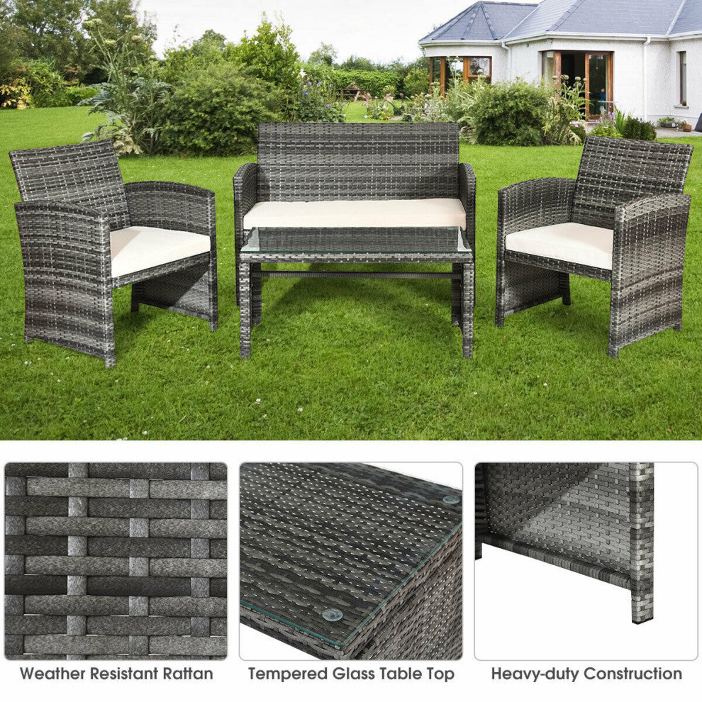 Costway 4PCS Patio Rattan Furniture Set Conversation Glass Table Top Cushioned