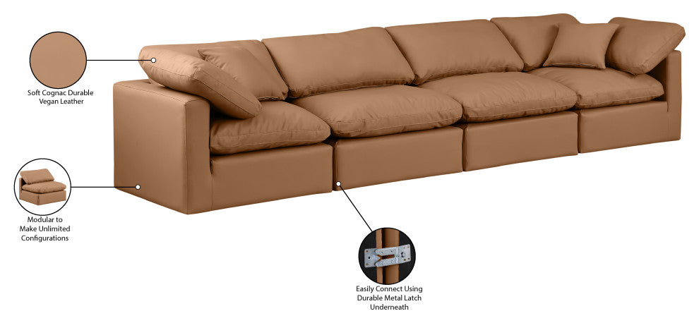 Indulge Upholstered Modular Sofa, Cognac, 4-Piece: 2 Armless Chair, 2 Corner Chair, Fiber Stuffed Vegan Leather