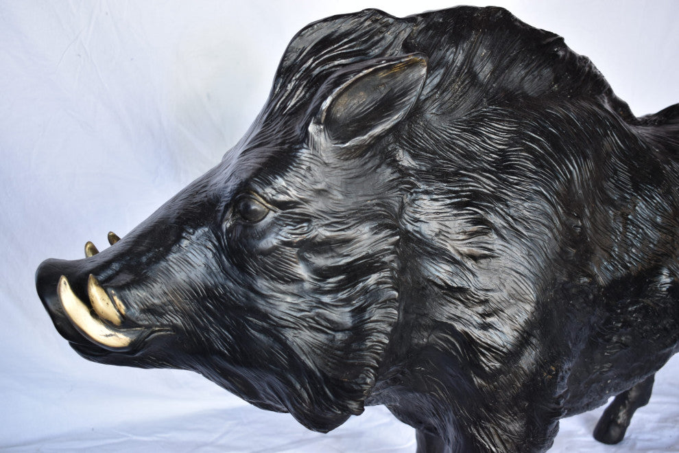 Lifesize Boar Made of Bronze, Statue Size: 12"L x 50"W x 30"H.