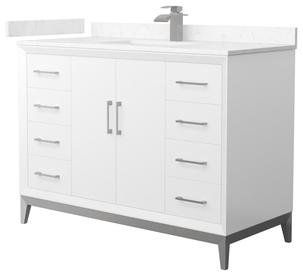 Amici 48" White Single Vanity, Carrara Cultured Marble Top, Brushed Nickel Trim