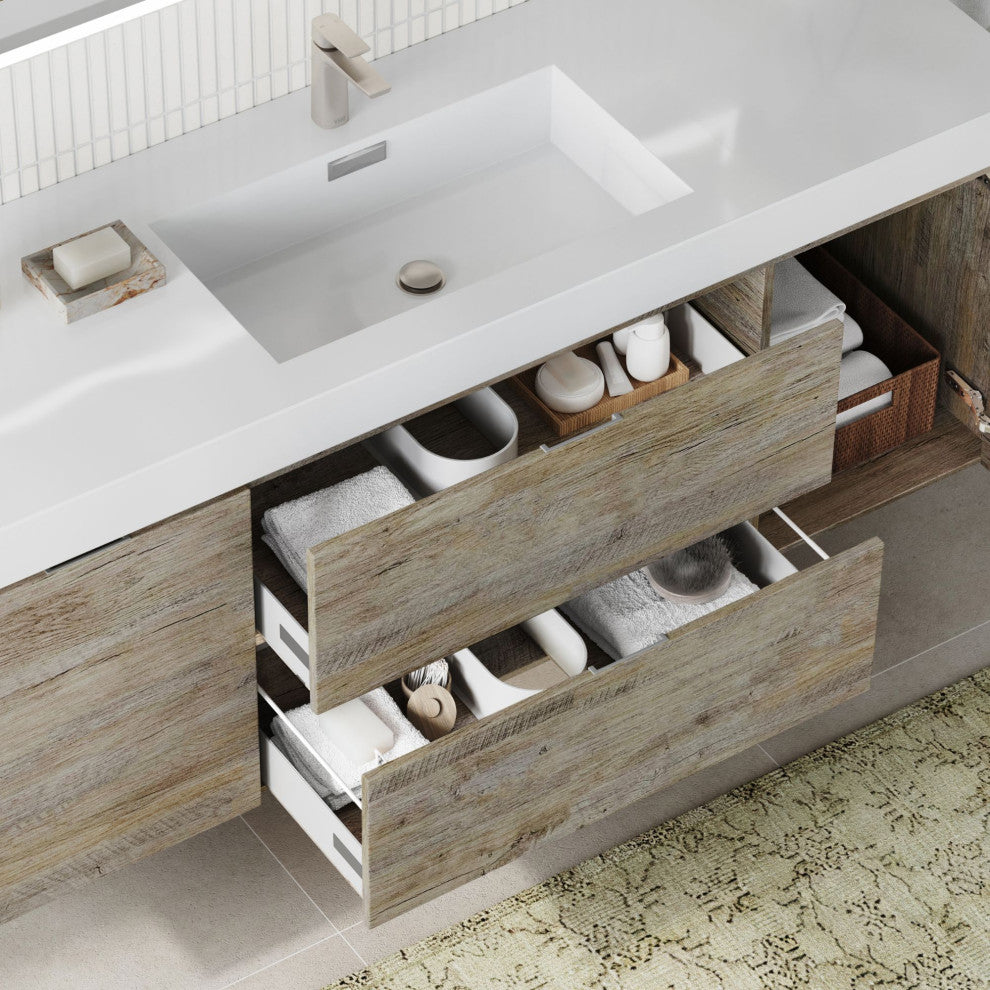 Boutique Bath Vanity, Natural Wood, 60", Single Sink, Wall Mount