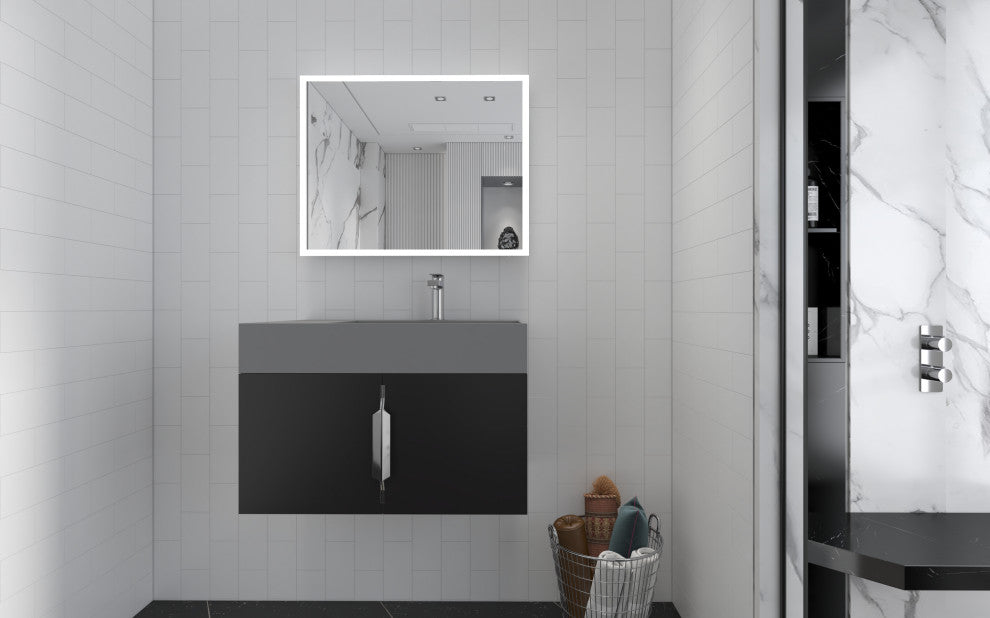 CastelloUSA Amazon 30" Right Wall Mounted Bathroom Vanity Set, Black, Gray Top, Brushed Nickel