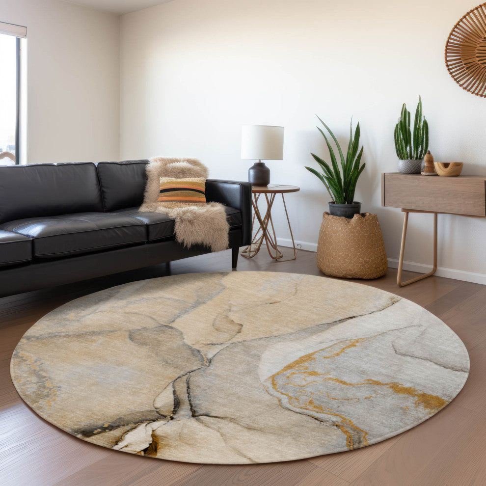 Premium Machine Washable Mayfield AMF506 Beige 8' x 8' Round Rug