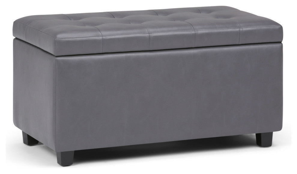 34 Inch Wide Rectangle Storage Ottoman In Stone Grey Faux Leather