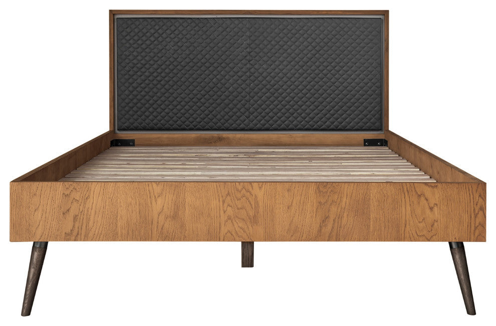 Coco Rustic Oak Wood Upholstered Faux Leather Queen Platform Bed