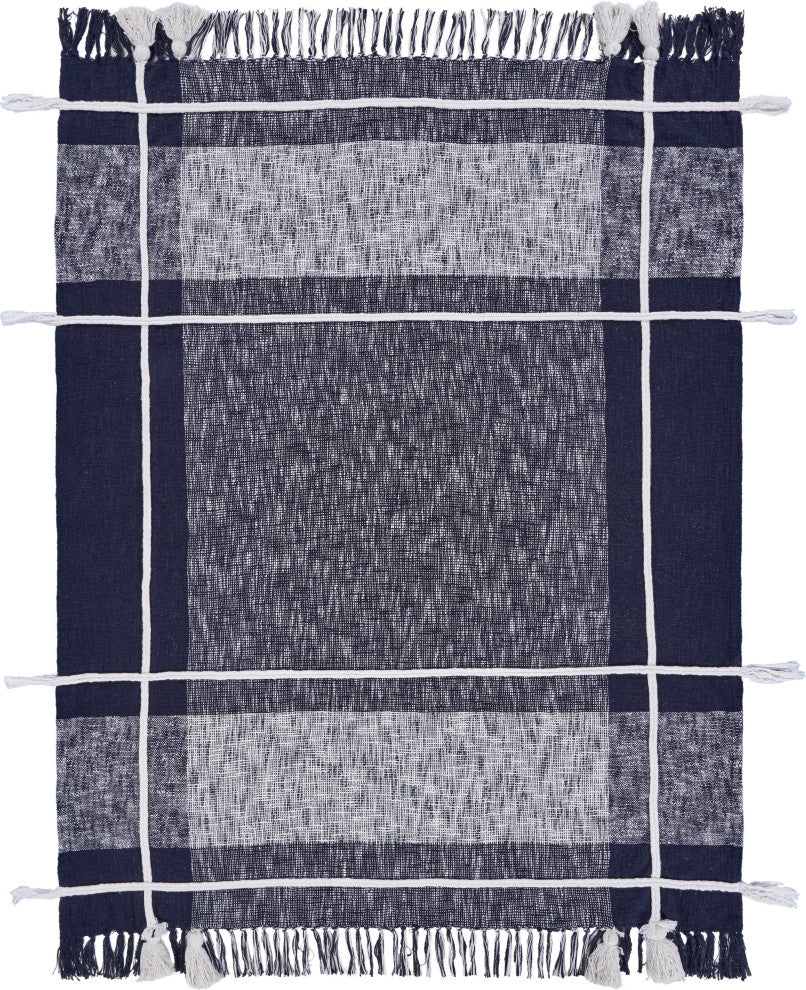 Navy and White Braided Plaid Throw Blanket