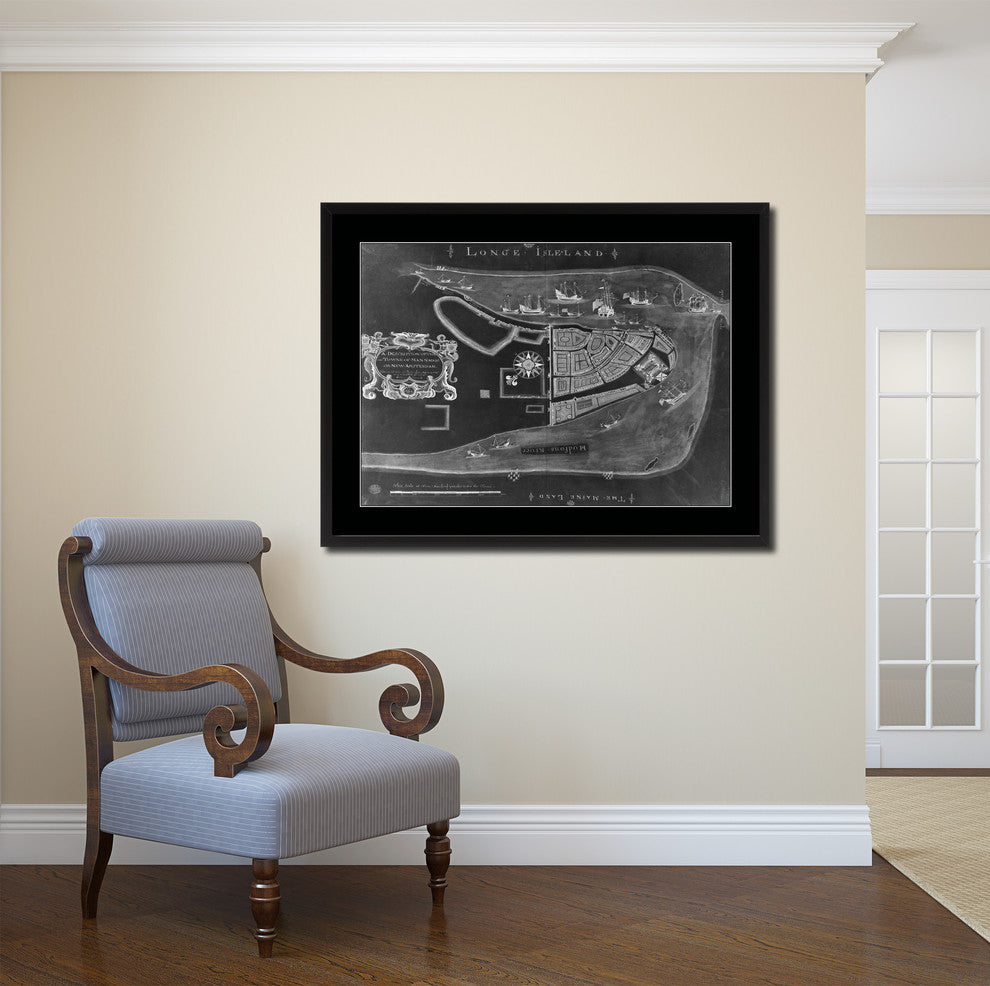 New York Monochrome Map Print On Canvas With Black Custom Frame, 16" X 21"