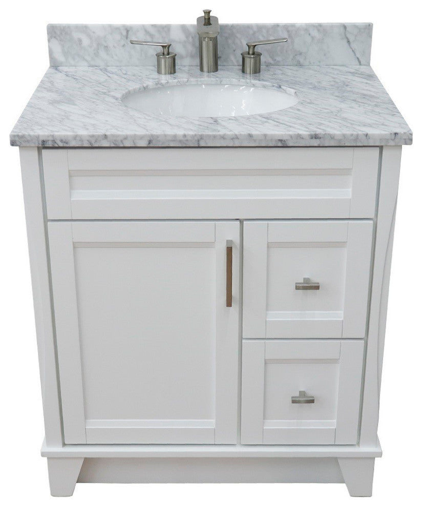 31" Single Sink Vanity, White Finish With White Carrara Marble With Oval Sink