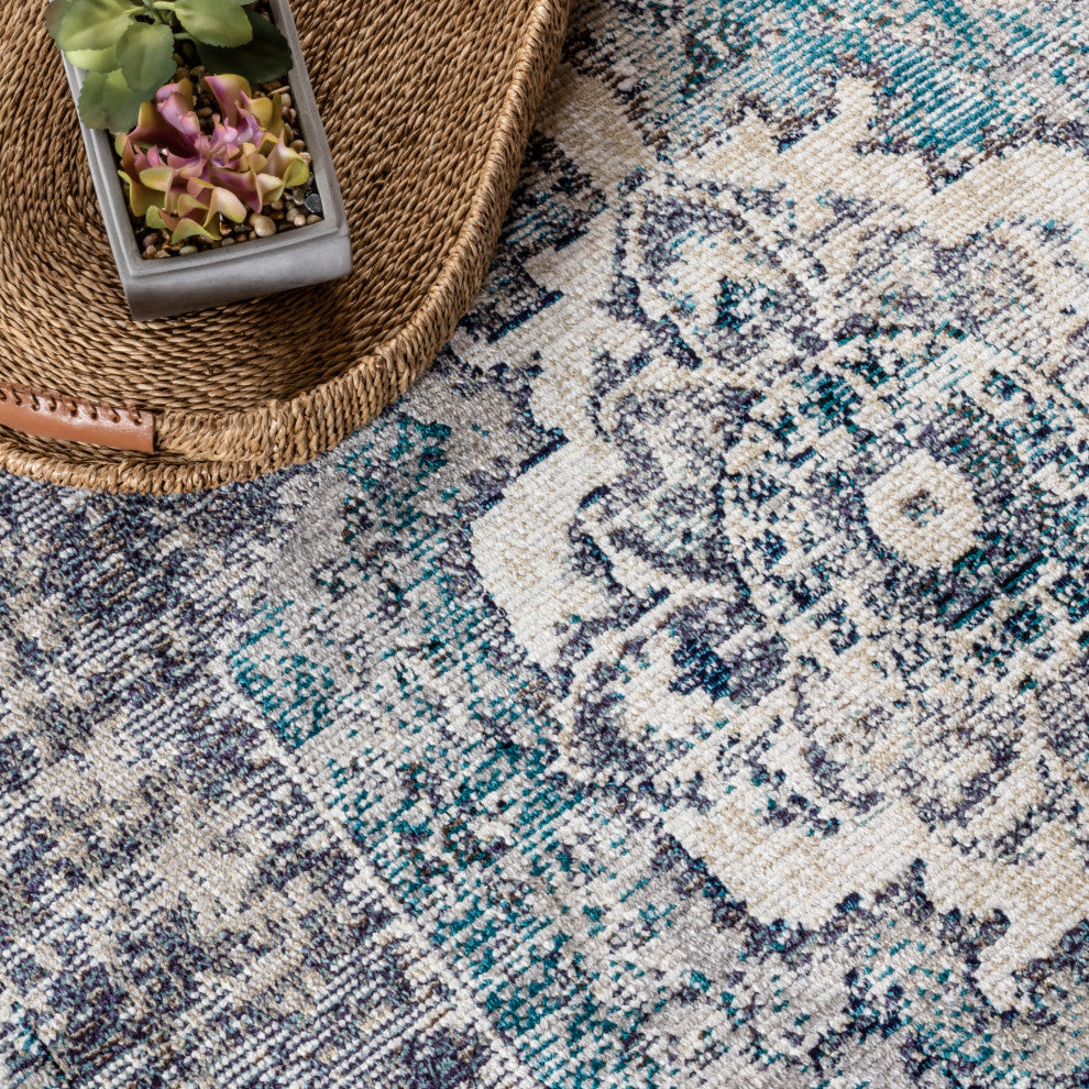 Ankara Vintage Medallion Area Rug, Gray/Ivory, 2x8