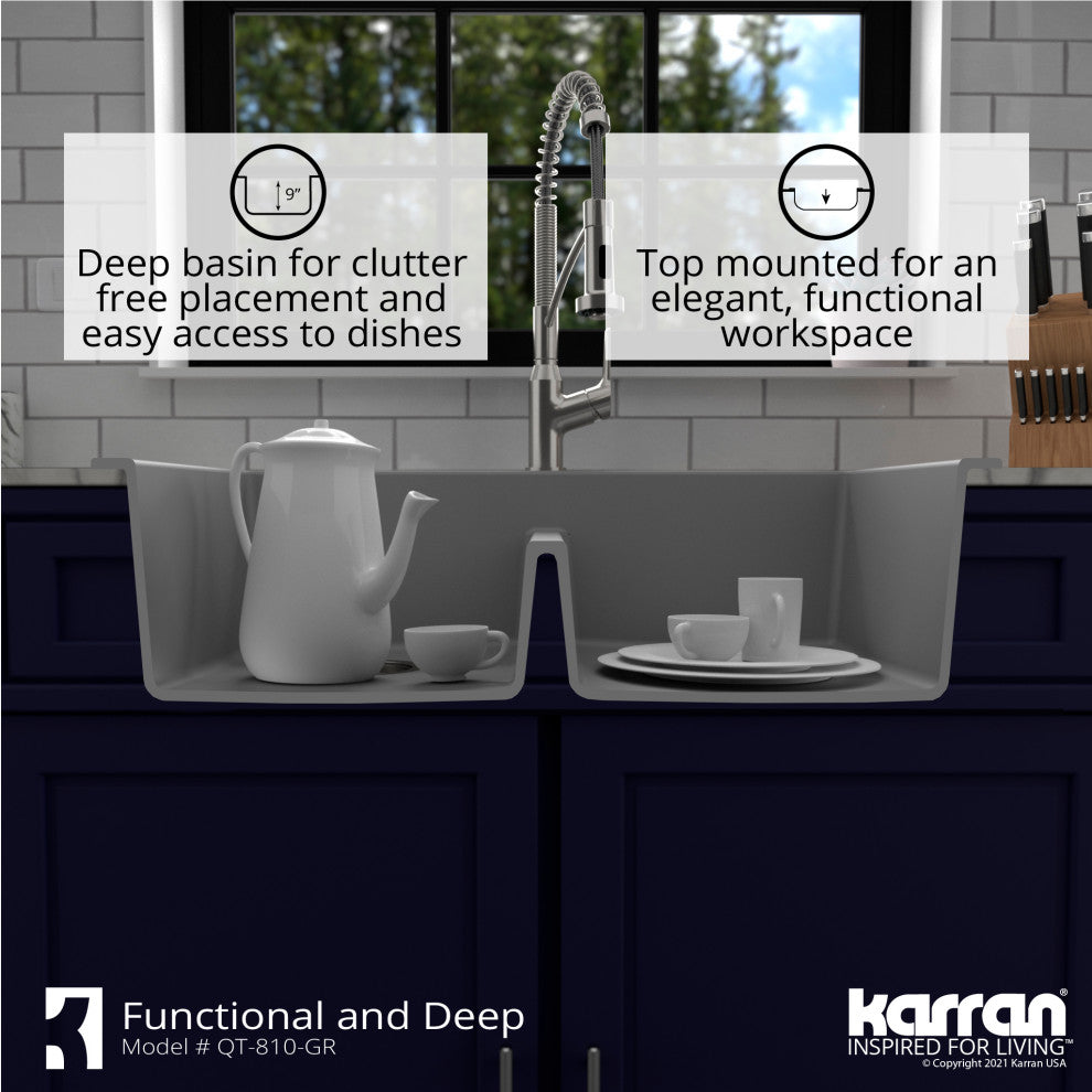 Karran 33" Top Mount Double Equal Bowl Quartz Kitchen Sink, Grey
