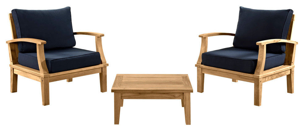 Modern Urban Outdoor Patio Rattan and Wicker 3 Pieces Sofa Set Natural Wood Navy