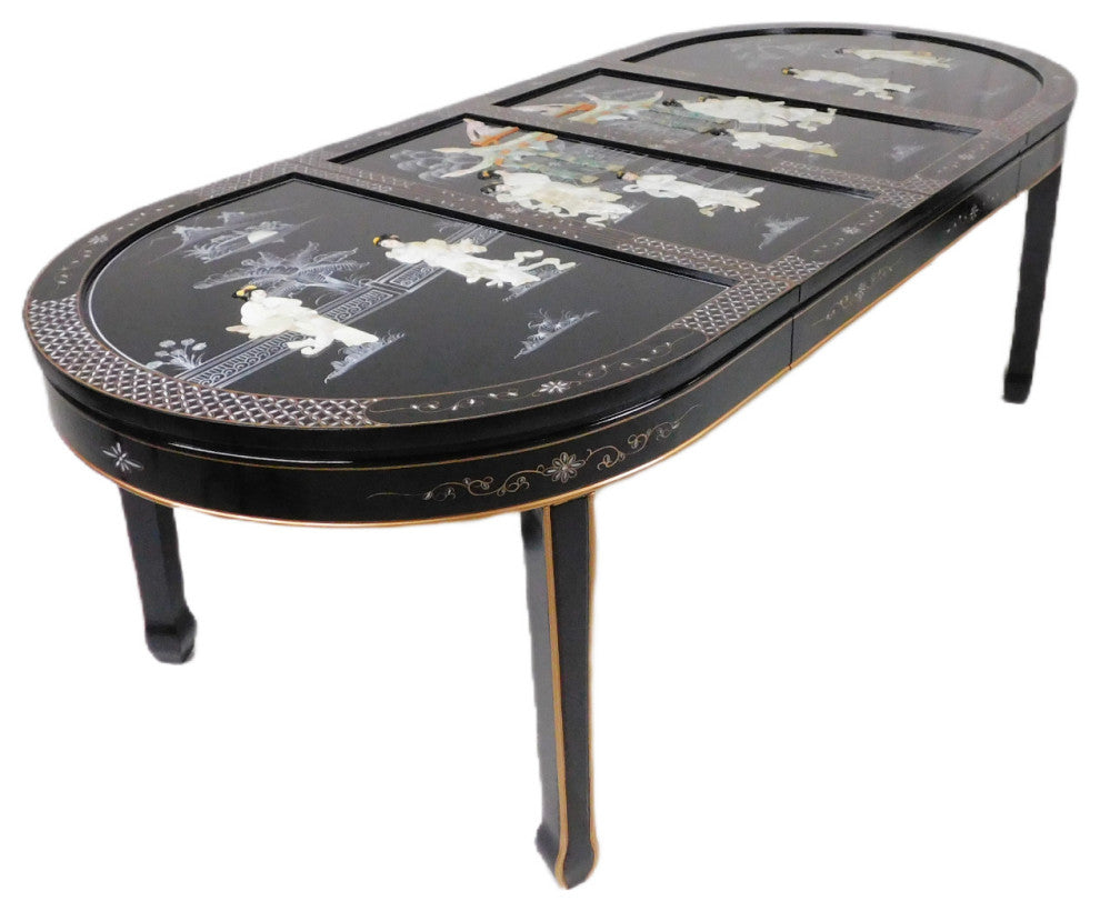 Black Lacquered With Mother Of Pearl Oriental Dining Table Set