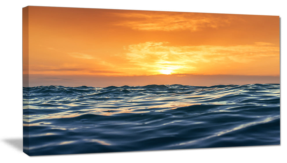 "Blue Waves Dancing At Yellow Sunset" Beach Canvas Wall Art, 40"x20"