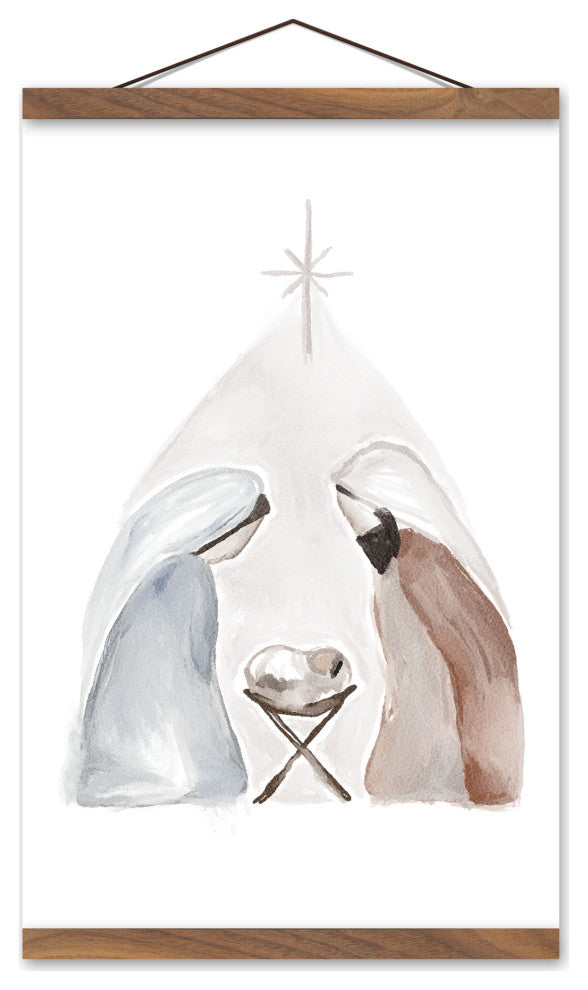 Watercolor Nativity 6 12x18 Teak Hanging Canvas