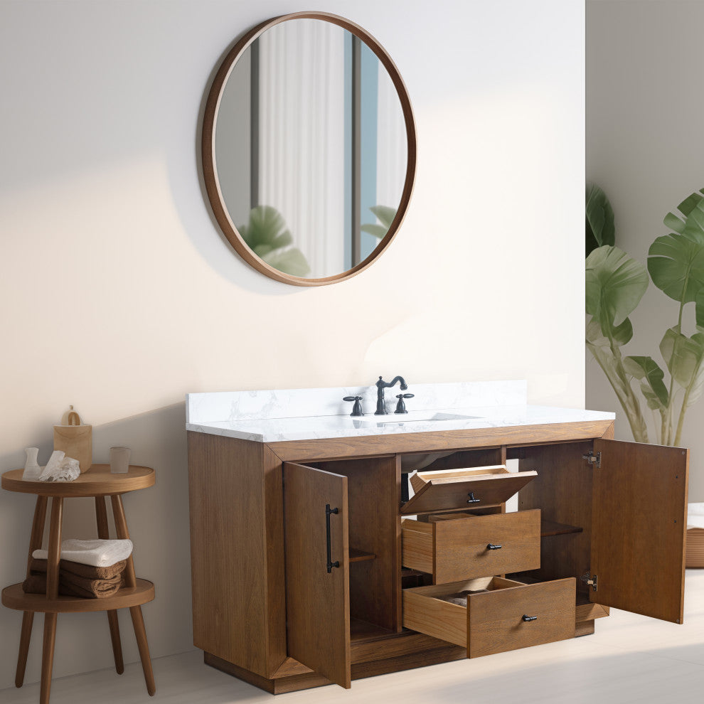 Vanity Art Bathroom Vanity With Sink, Tan, 60" Single, Arabescato White Engineered Marble Top
